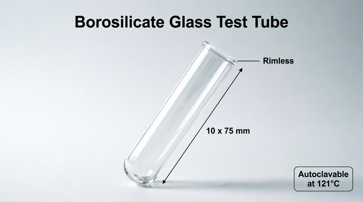 Borosilicate Glass Test Tube 10x75mm – Rimless, Round Bottom, Autoclavable