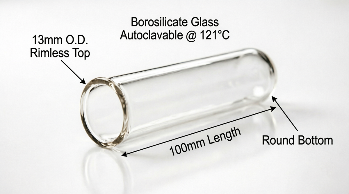 Borosilicate Glass Test Tube 13x100mm – Rimless, Round Bottom, Autoclavable