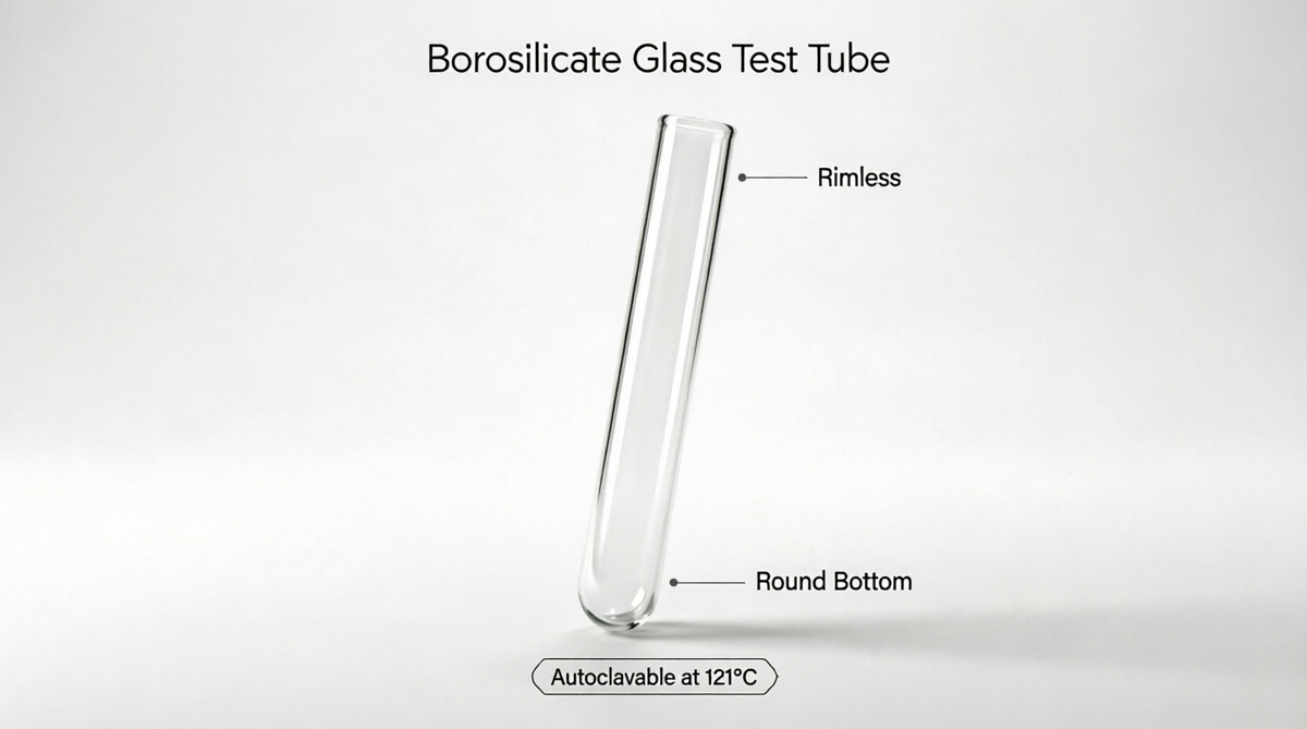 Borosilicate Glass Test Tube 16x100mm – Rimless, Round Bottom, Autoclavable
